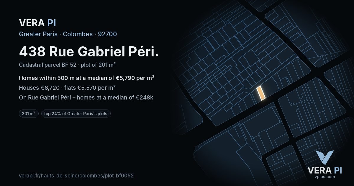 438 Rue Gabriel Péri, Colombes at night – the plot lit, the parcels around coloured by the prices near them
