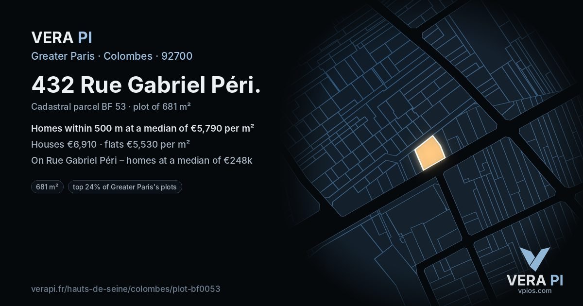 432 Rue Gabriel Péri, Colombes at night – the plot lit, the parcels around coloured by the prices near them