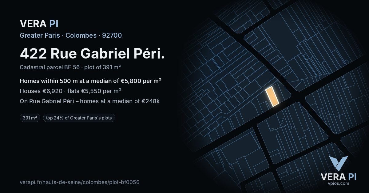 422 Rue Gabriel Péri, Colombes at night – the plot lit, the parcels around coloured by the prices near them
