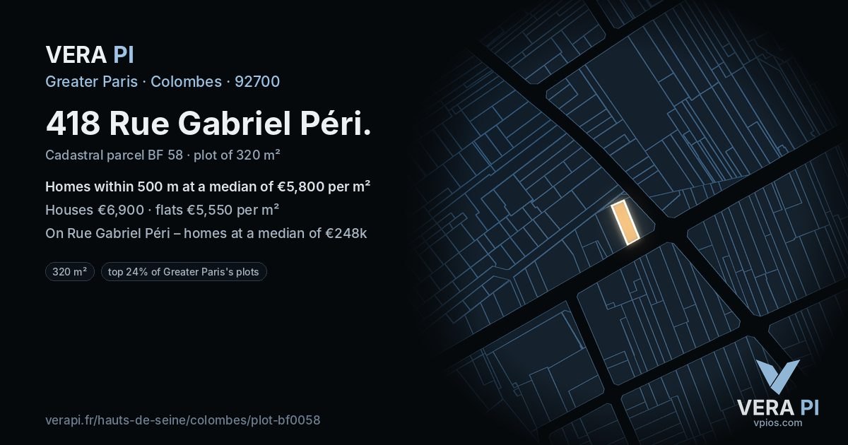 418 Rue Gabriel Péri, Colombes at night – the plot lit, the parcels around coloured by the prices near them
