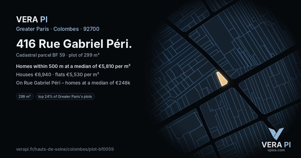 416 Rue Gabriel Péri, Colombes at night – the plot lit, the parcels around coloured by the prices near them