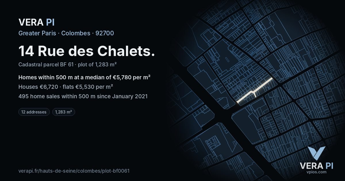 14 Rue des Chalets, Colombes at night – the plot lit, the parcels around coloured by the prices near them