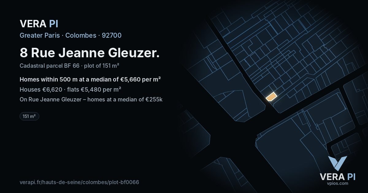 8 Rue Jeanne Gleuzer, Colombes at night – the plot lit, the parcels around coloured by the prices near them