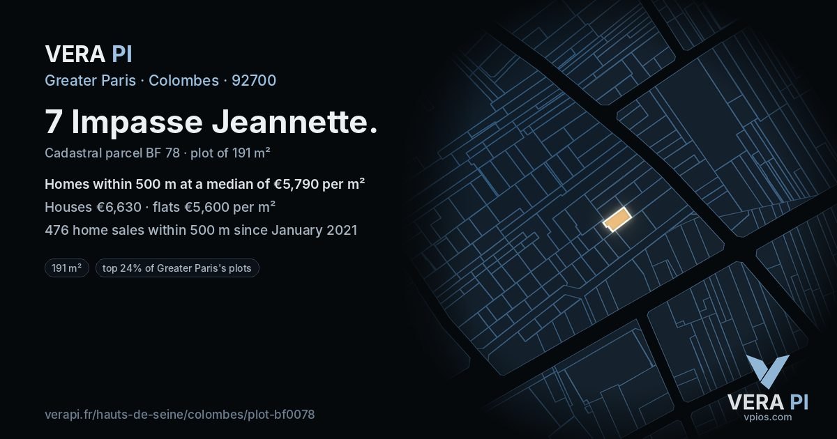 7 Impasse Jeannette, Colombes at night – the plot lit, the parcels around coloured by the prices near them