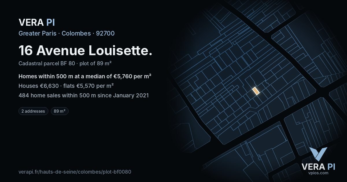 16 Avenue Louisette, Colombes at night – the plot lit, the parcels around coloured by the prices near them