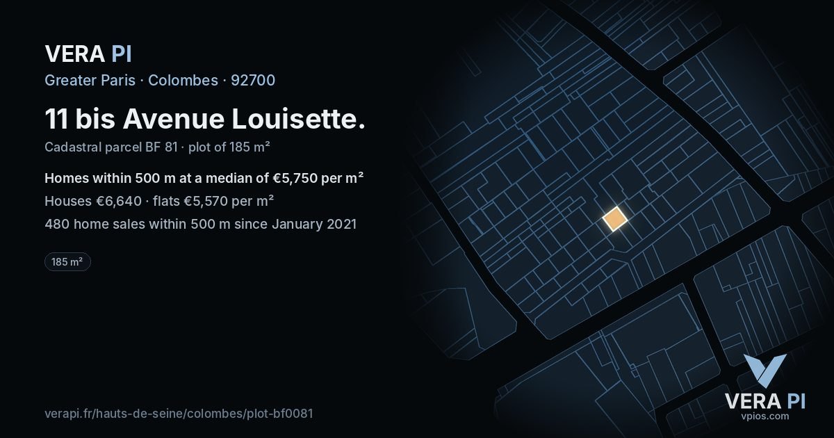 11 bis Avenue Louisette, Colombes at night – the plot lit, the parcels around coloured by the prices near them