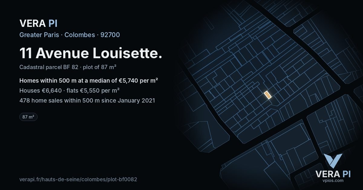 11 Avenue Louisette, Colombes at night – the plot lit, the parcels around coloured by the prices near them