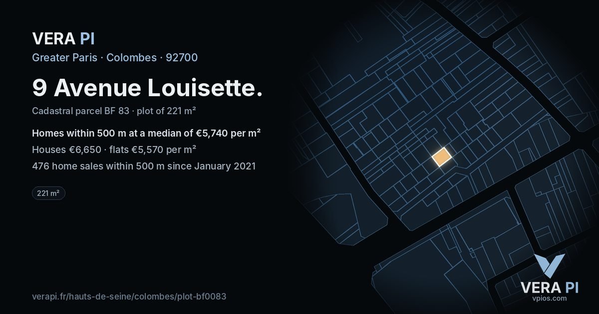 9 Avenue Louisette, Colombes at night – the plot lit, the parcels around coloured by the prices near them