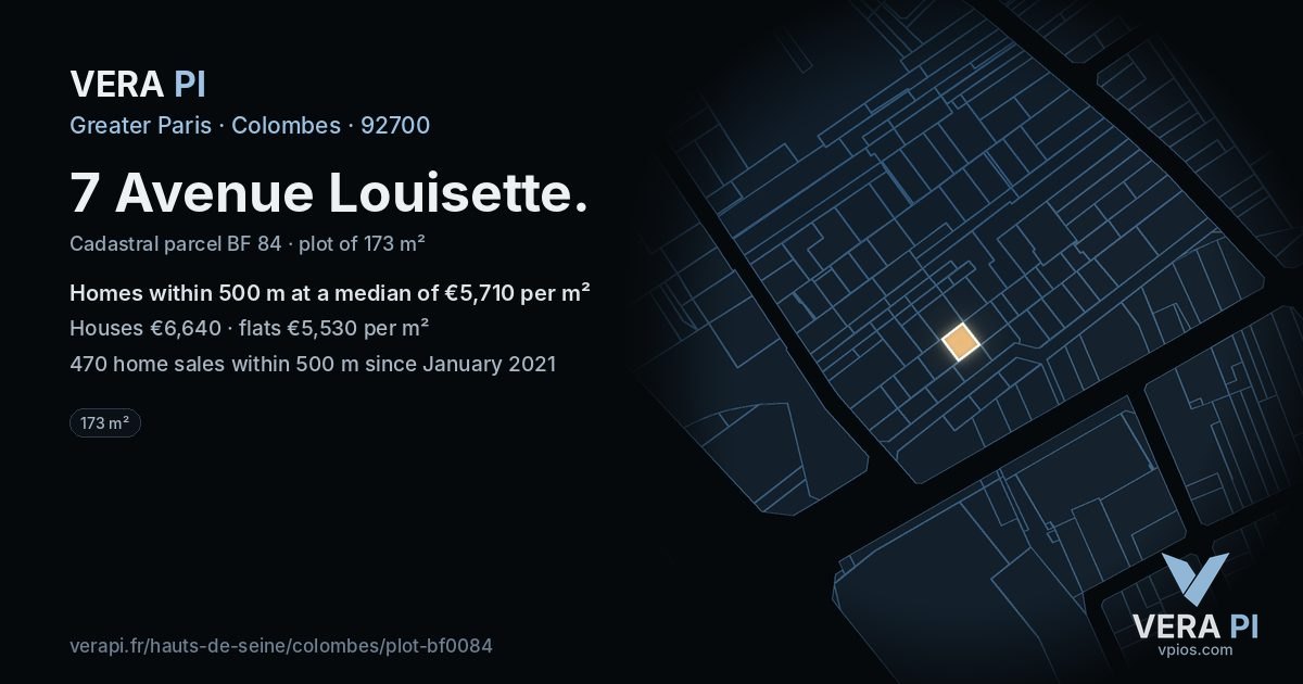 7 Avenue Louisette, Colombes at night – the plot lit, the parcels around coloured by the prices near them