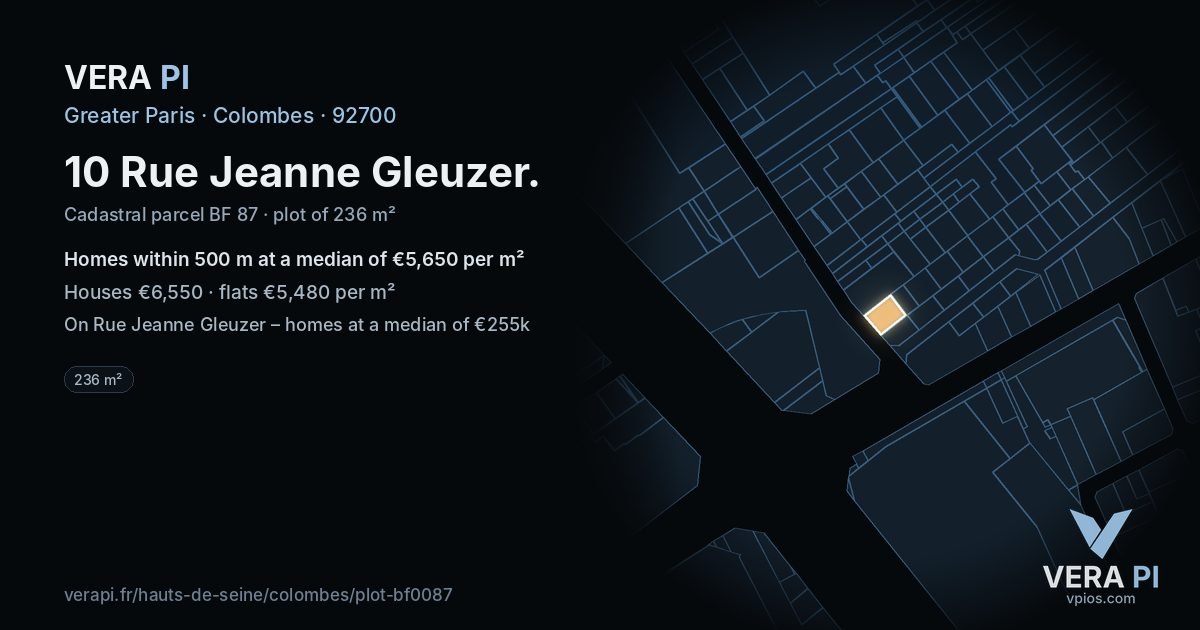 10 Rue Jeanne Gleuzer, Colombes at night – the plot lit, the parcels around coloured by the prices near them