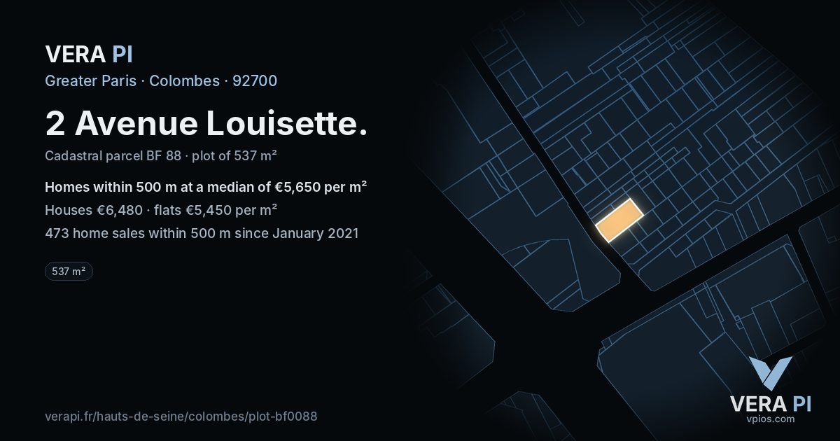 2 Avenue Louisette, Colombes at night – the plot lit, the parcels around coloured by the prices near them