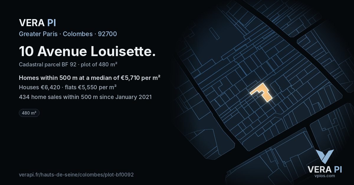 10 Avenue Louisette, Colombes at night – the plot lit, the parcels around coloured by the prices near them