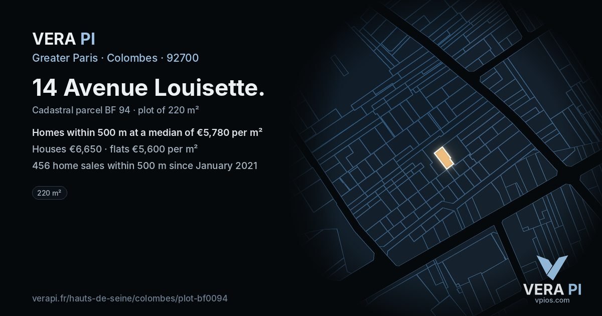 14 Avenue Louisette, Colombes at night – the plot lit, the parcels around coloured by the prices near them
