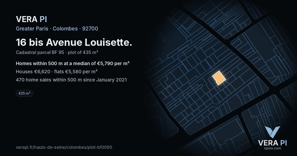 16 bis Avenue Louisette, Colombes at night – the plot lit, the parcels around coloured by the prices near them