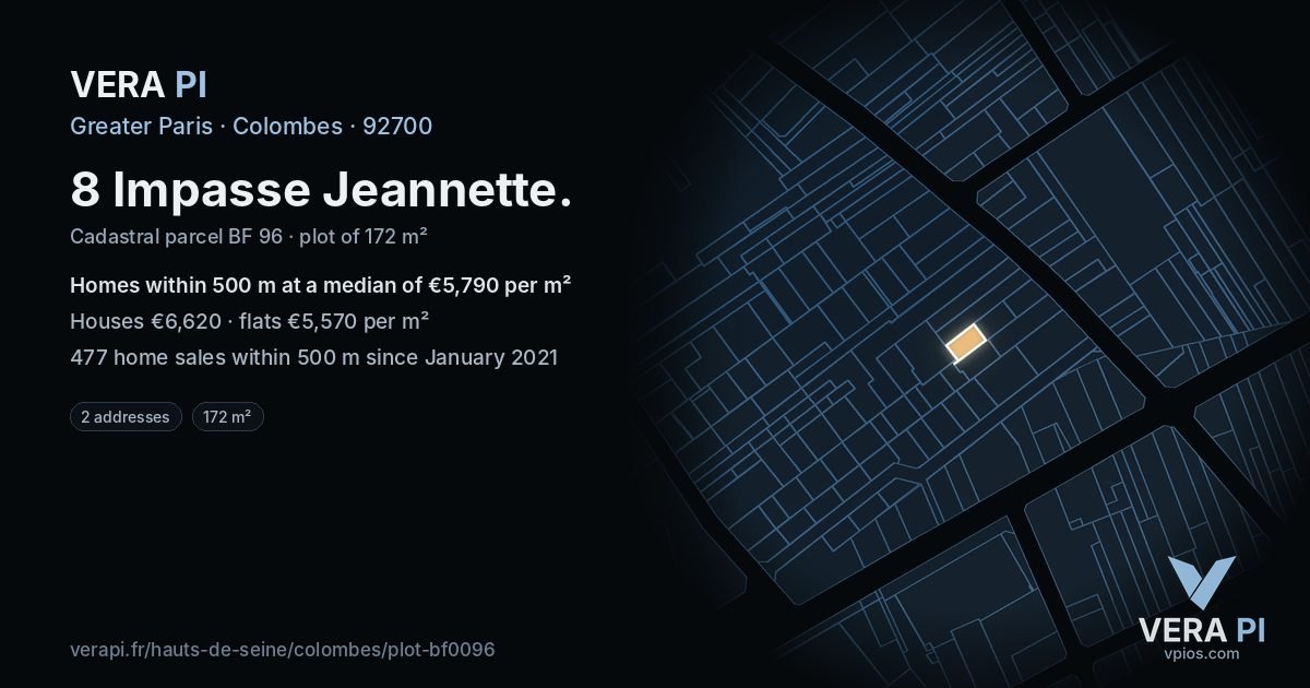 8 Impasse Jeannette, Colombes at night – the plot lit, the parcels around coloured by the prices near them