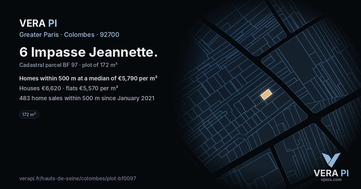 6 Impasse Jeannette, Colombes at night – the plot lit, the parcels around coloured by the prices near them