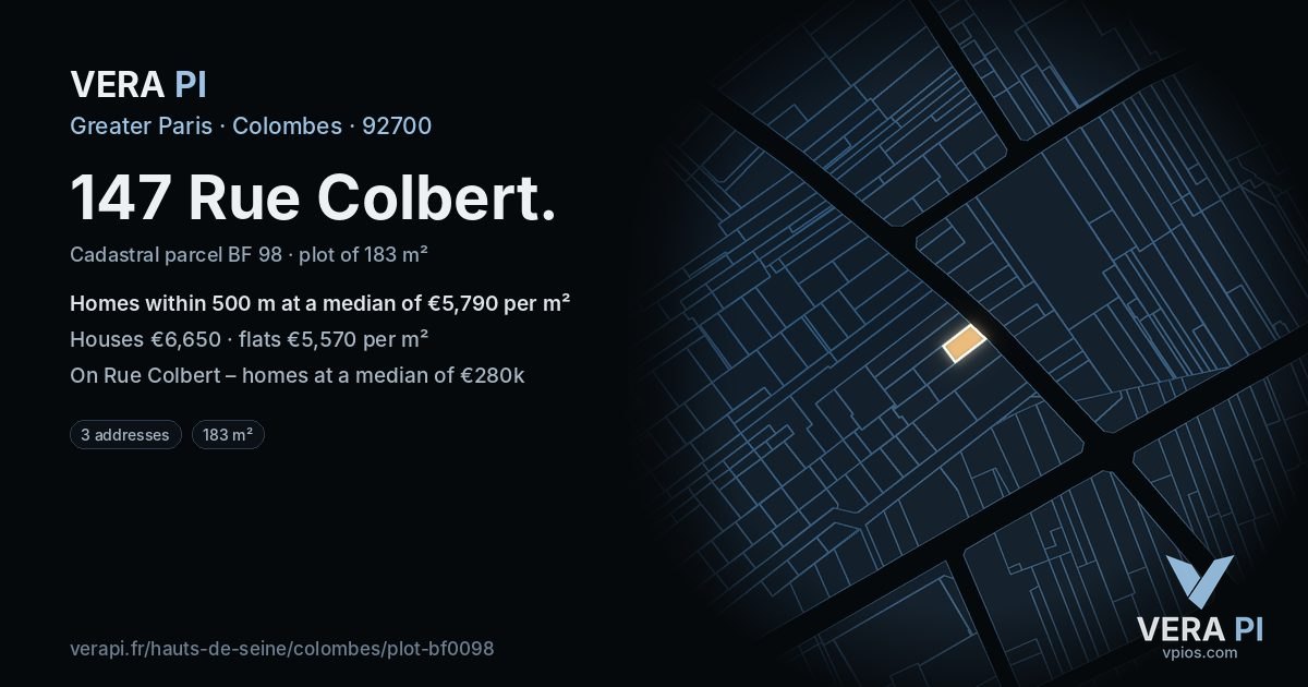 147 Rue Colbert, Colombes at night – the plot lit, the parcels around coloured by the prices near them