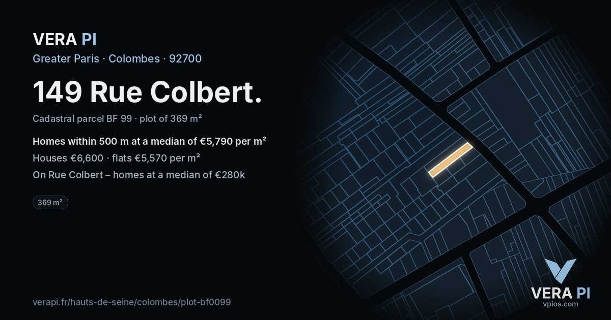 149 Rue Colbert, Colombes at night – the plot lit, the parcels around coloured by the prices near them
