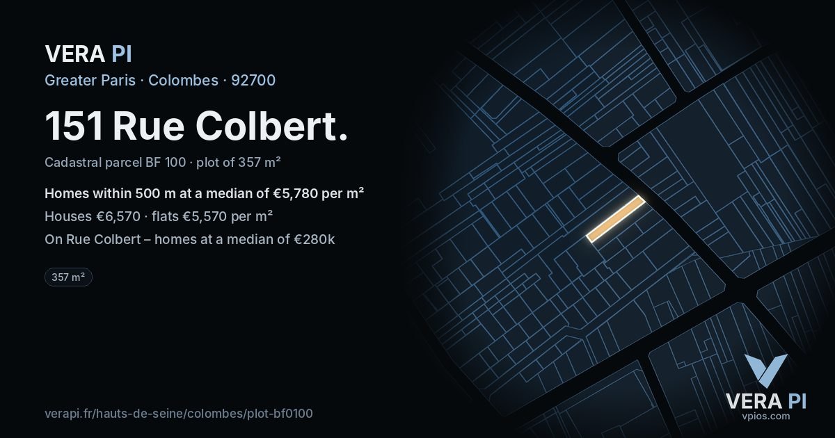 151 Rue Colbert, Colombes at night – the plot lit, the parcels around coloured by the prices near them