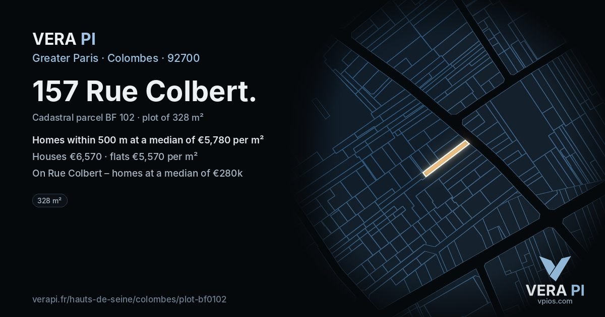 157 Rue Colbert, Colombes at night – the plot lit, the parcels around coloured by the prices near them