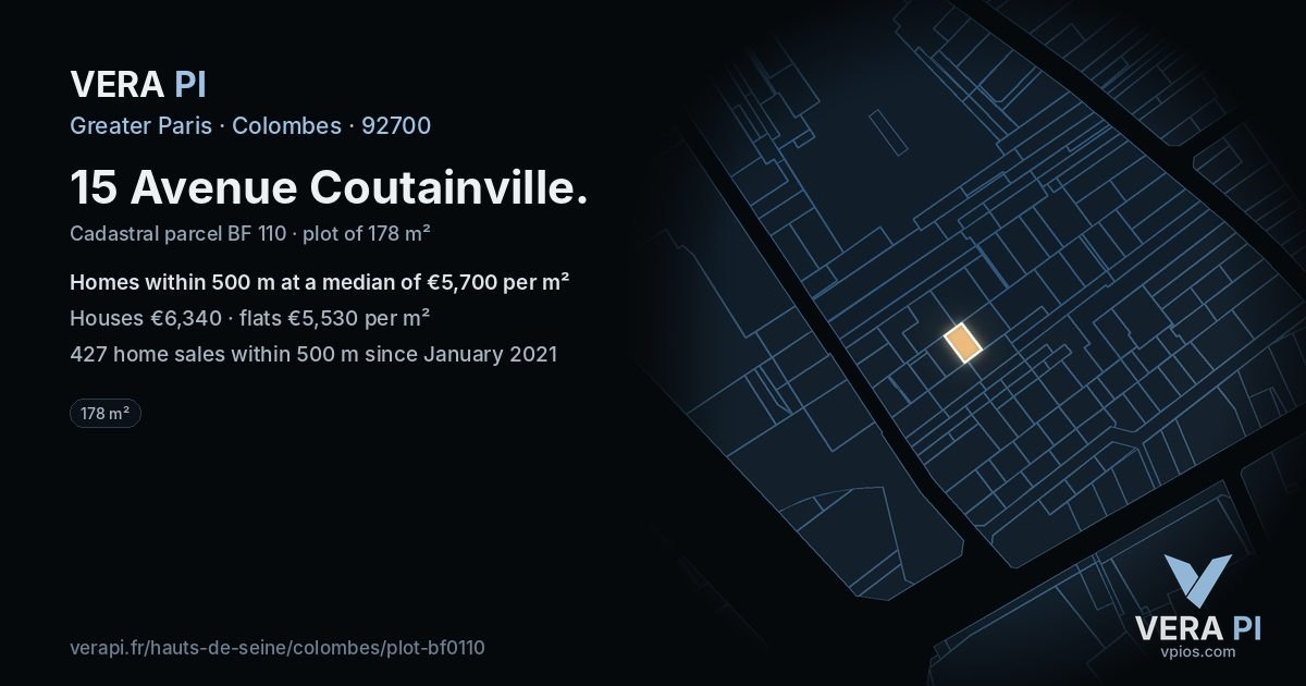 15 Avenue Coutainville, Colombes at night – the plot lit, the parcels around coloured by the prices near them