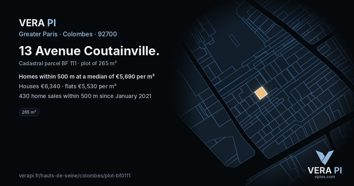13 Avenue Coutainville, Colombes at night – the plot lit, the parcels around coloured by the prices near them