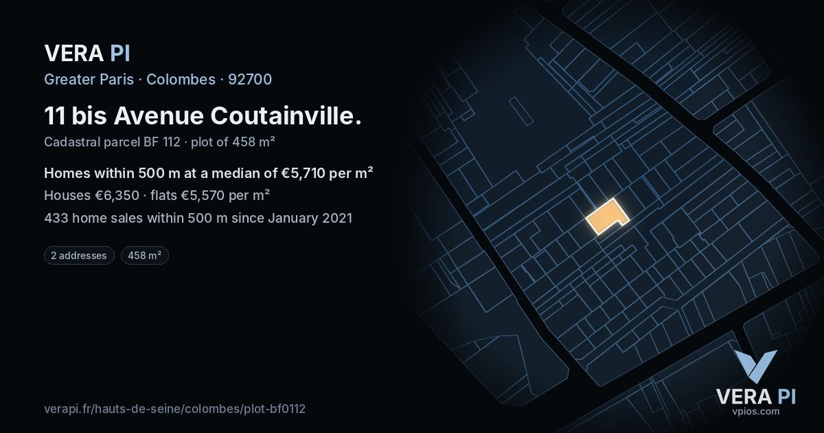 11 bis Avenue Coutainville, Colombes at night – the plot lit, the parcels around coloured by the prices near them