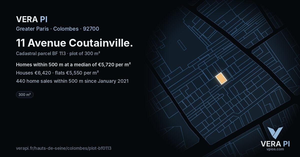 11 Avenue Coutainville, Colombes at night – the plot lit, the parcels around coloured by the prices near them