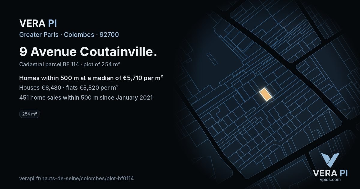 9 Avenue Coutainville, Colombes at night – the plot lit, the parcels around coloured by the prices near them