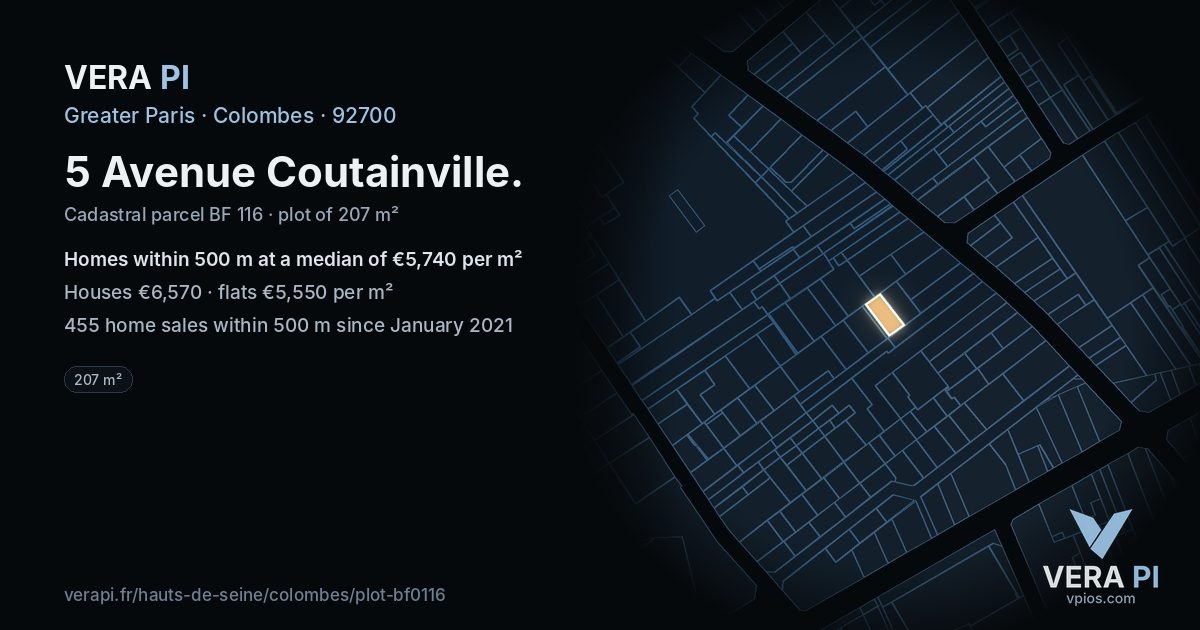 5 Avenue Coutainville, Colombes at night – the plot lit, the parcels around coloured by the prices near them