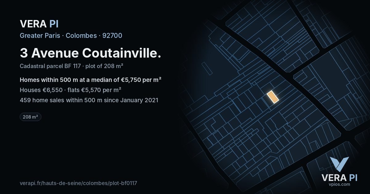 3 Avenue Coutainville, Colombes at night – the plot lit, the parcels around coloured by the prices near them