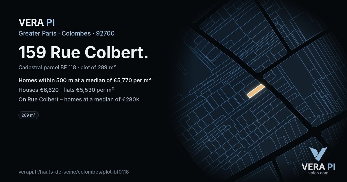 159 Rue Colbert, Colombes at night – the plot lit, the parcels around coloured by the prices near them