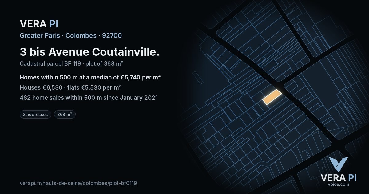 3 bis Avenue Coutainville, Colombes at night – the plot lit, the parcels around coloured by the prices near them
