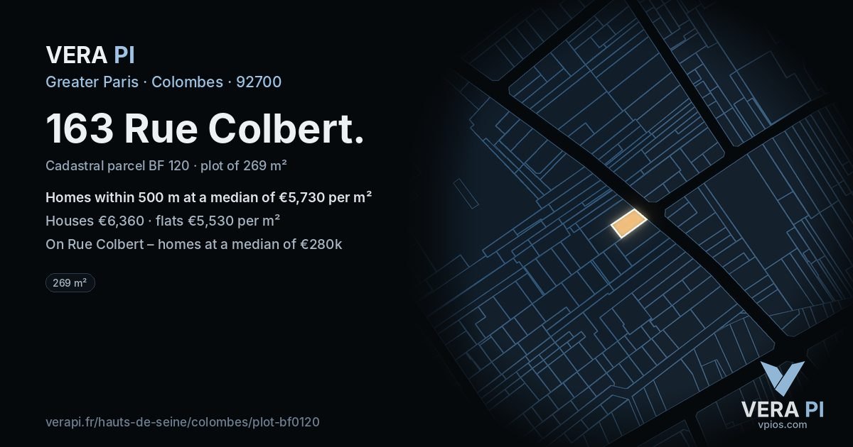 163 Rue Colbert, Colombes at night – the plot lit, the parcels around coloured by the prices near them