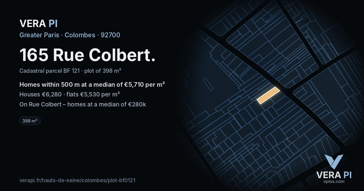 165 Rue Colbert, Colombes at night – the plot lit, the parcels around coloured by the prices near them
