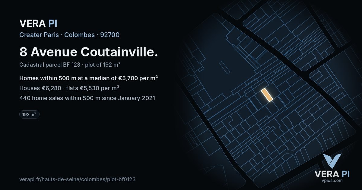 8 Avenue Coutainville, Colombes at night – the plot lit, the parcels around coloured by the prices near them