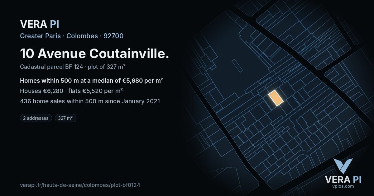 10 Avenue Coutainville, Colombes at night – the plot lit, the parcels around coloured by the prices near them