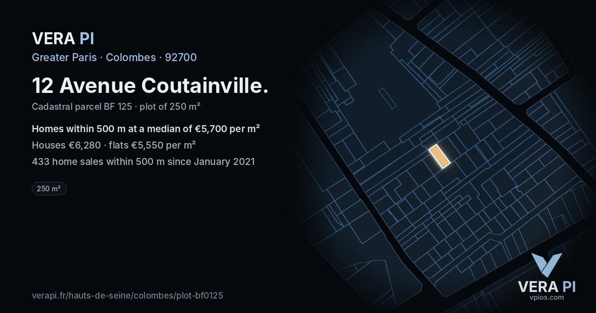 12 Avenue Coutainville, Colombes at night – the plot lit, the parcels around coloured by the prices near them
