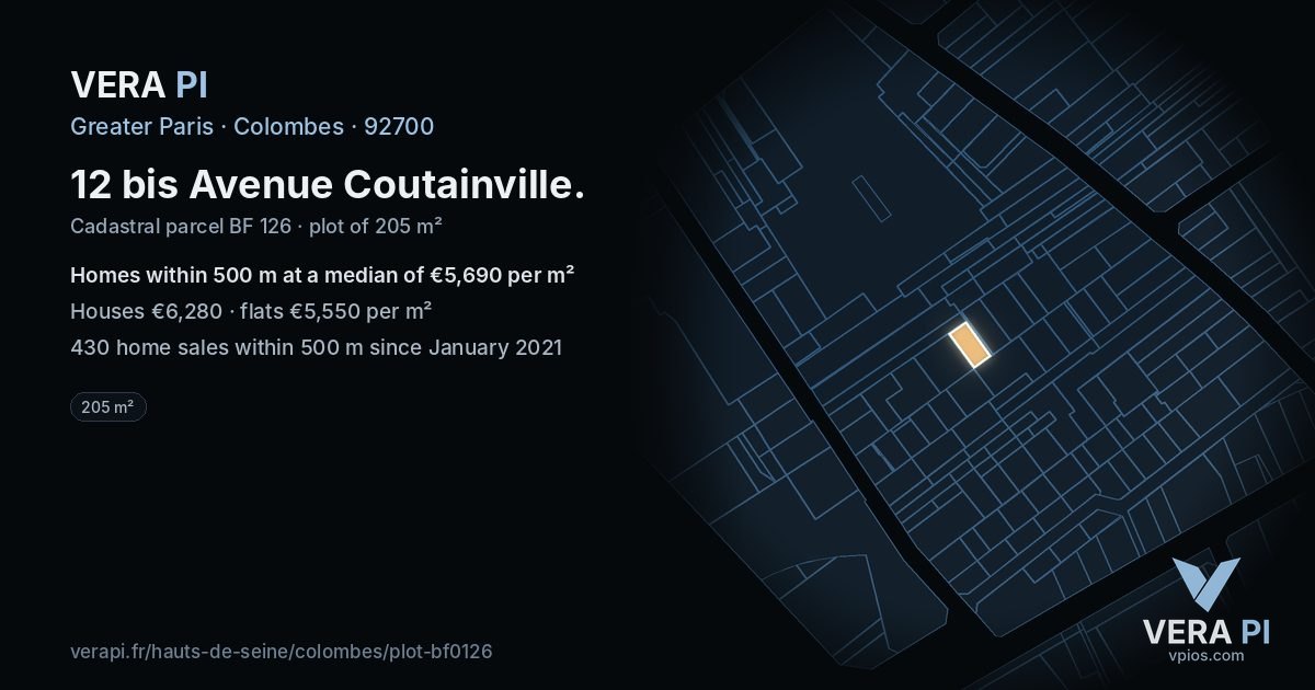12 bis Avenue Coutainville, Colombes at night – the plot lit, the parcels around coloured by the prices near them