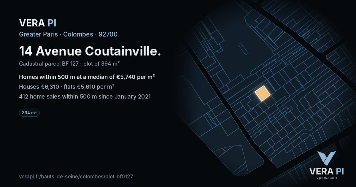14 Avenue Coutainville, Colombes at night – the plot lit, the parcels around coloured by the prices near them