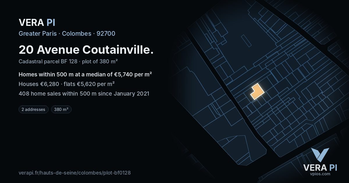 20 Avenue Coutainville, Colombes at night – the plot lit, the parcels around coloured by the prices near them