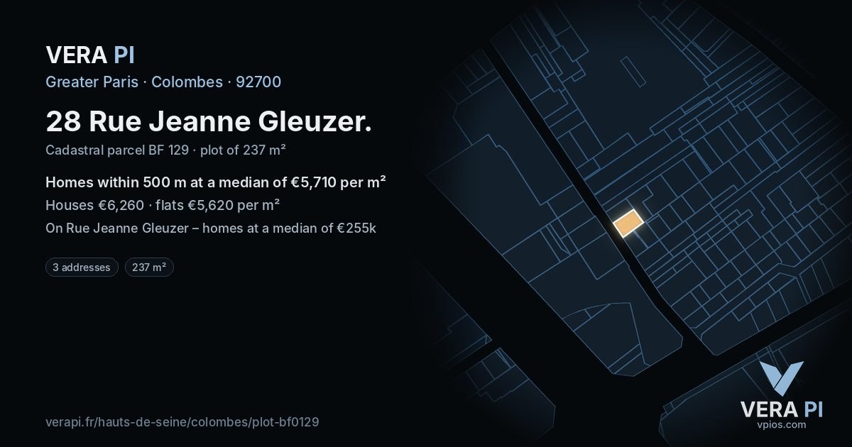 28 Rue Jeanne Gleuzer, Colombes at night – the plot lit, the parcels around coloured by the prices near them
