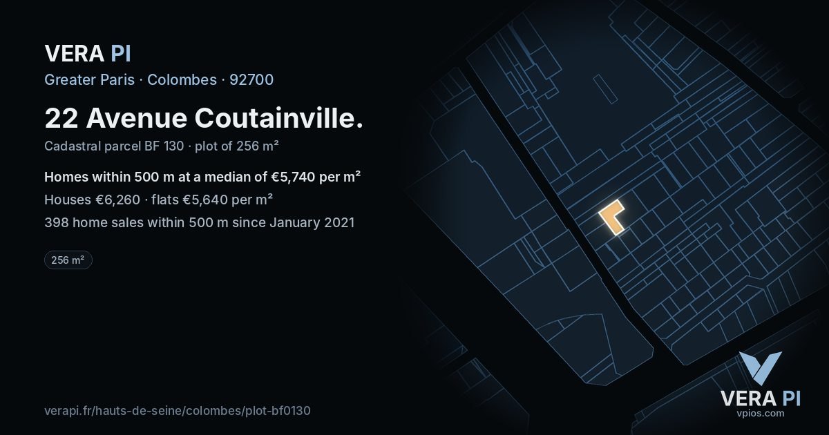 22 Avenue Coutainville, Colombes at night – the plot lit, the parcels around coloured by the prices near them