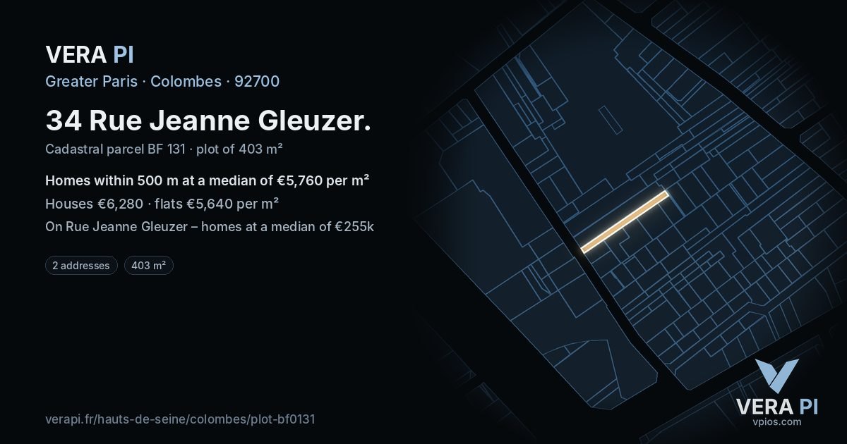 34 Rue Jeanne Gleuzer, Colombes at night – the plot lit, the parcels around coloured by the prices near them