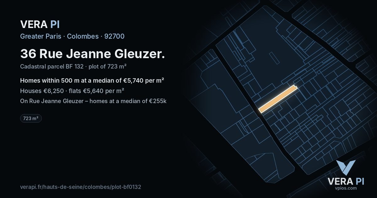 36 Rue Jeanne Gleuzer, Colombes at night – the plot lit, the parcels around coloured by the prices near them