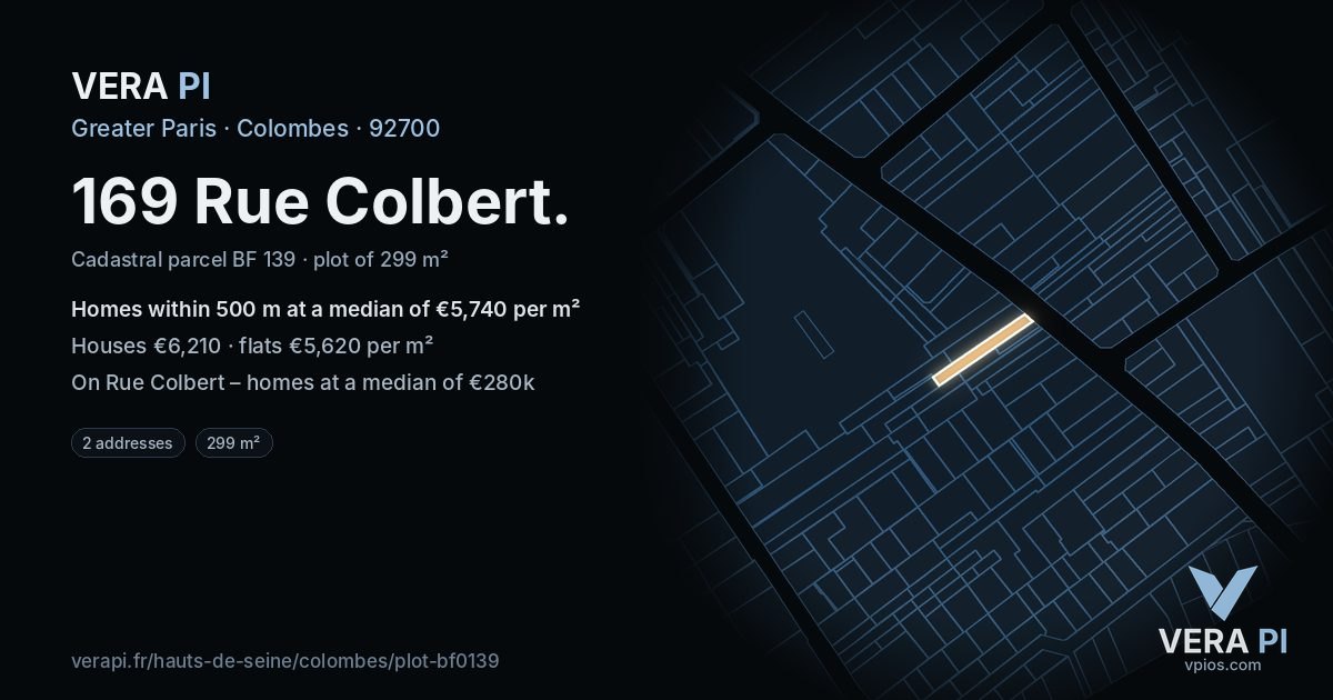 169 Rue Colbert, Colombes at night – the plot lit, the parcels around coloured by the prices near them