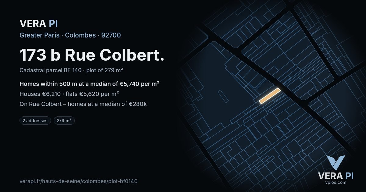 173 b Rue Colbert, Colombes at night – the plot lit, the parcels around coloured by the prices near them