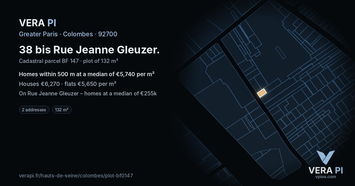 38 bis Rue Jeanne Gleuzer, Colombes at night – the plot lit, the parcels around coloured by the prices near them