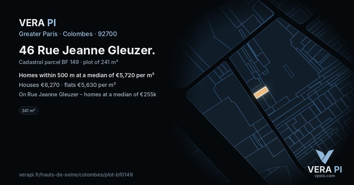 46 Rue Jeanne Gleuzer, Colombes at night – the plot lit, the parcels around coloured by the prices near them
