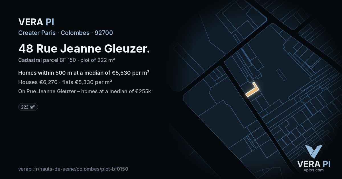 48 Rue Jeanne Gleuzer, Colombes at night – the plot lit, the parcels around coloured by the prices near them